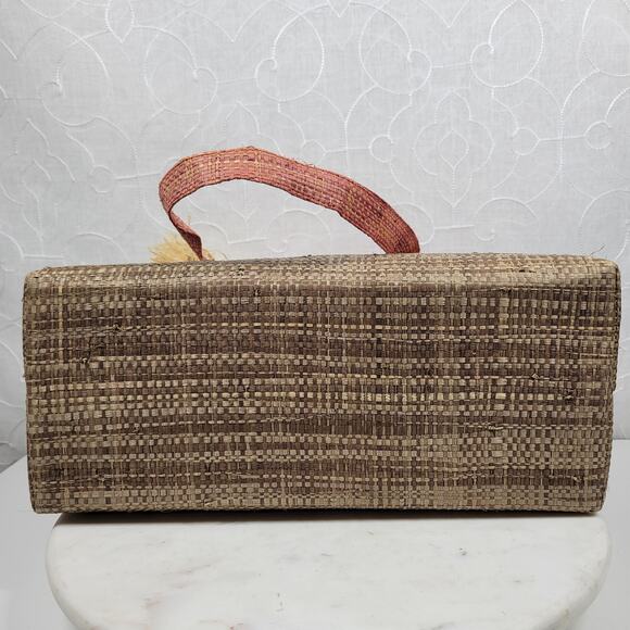 Crossing Pointe Raffia Beach Bag 14" Pink Brown Colorblock Tan Straw Diamond - Picture 9 of 16
